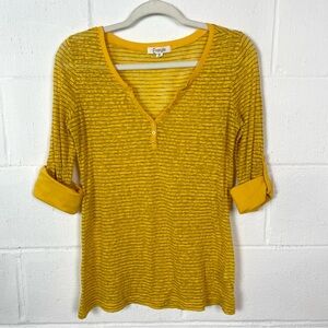 Energie Fitted Y2K Top Deep V-Neck Sheer Yellow Camo‎ Roll Tab Sleeves Preppy L